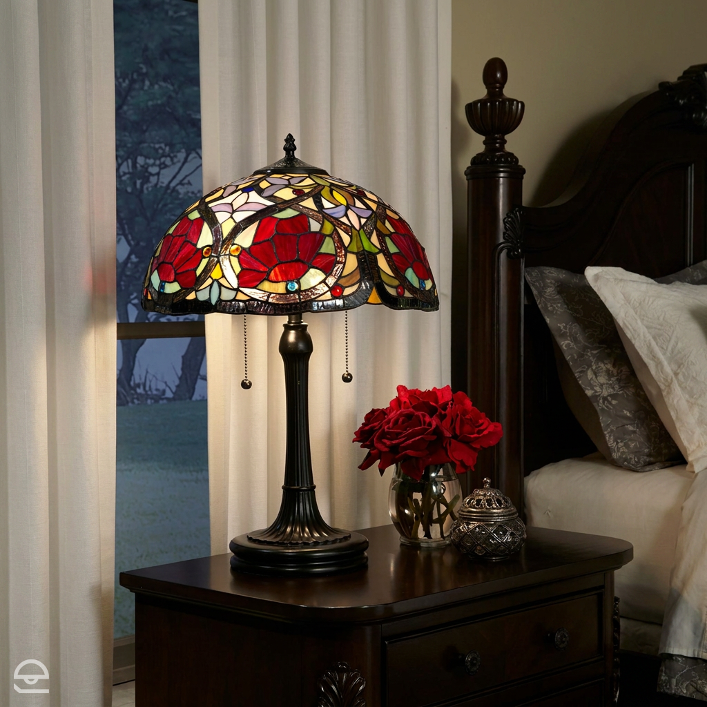 Tiffany - lampa stołowa Larissa ze szkłem witrażowym, ręcznie wykonana, Quoizel