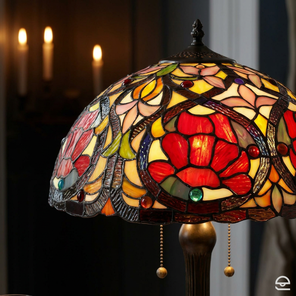 Tiffany - lampa stołowa Larissa ze szkłem witrażowym, ręcznie wykonana, Quoizel