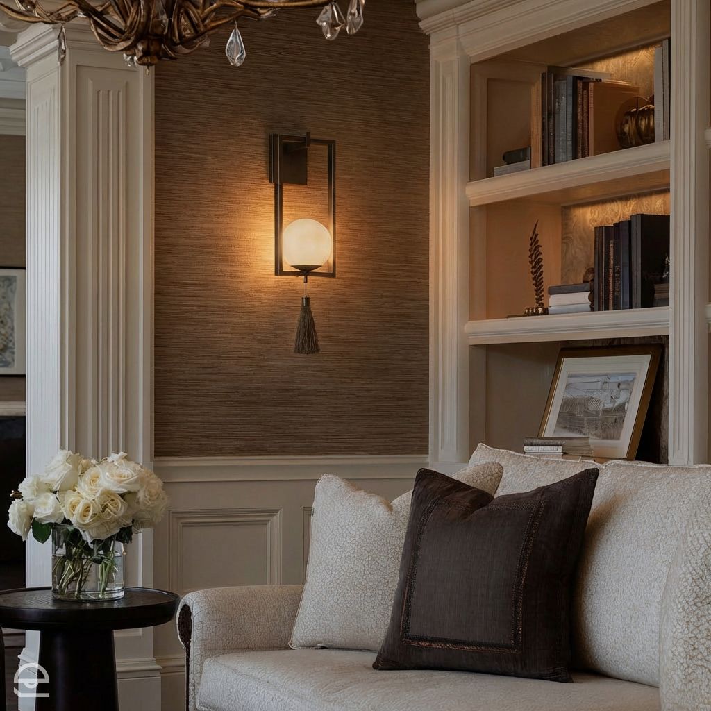 Trapeze Brown – kinkiet z opalową kulą i ciemnym frędzlem