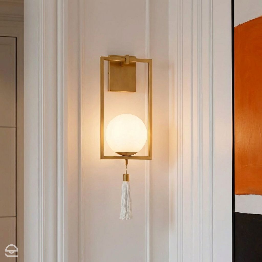 Trapeze Gold – kinkiet z opalową kulą i białym frędzlem