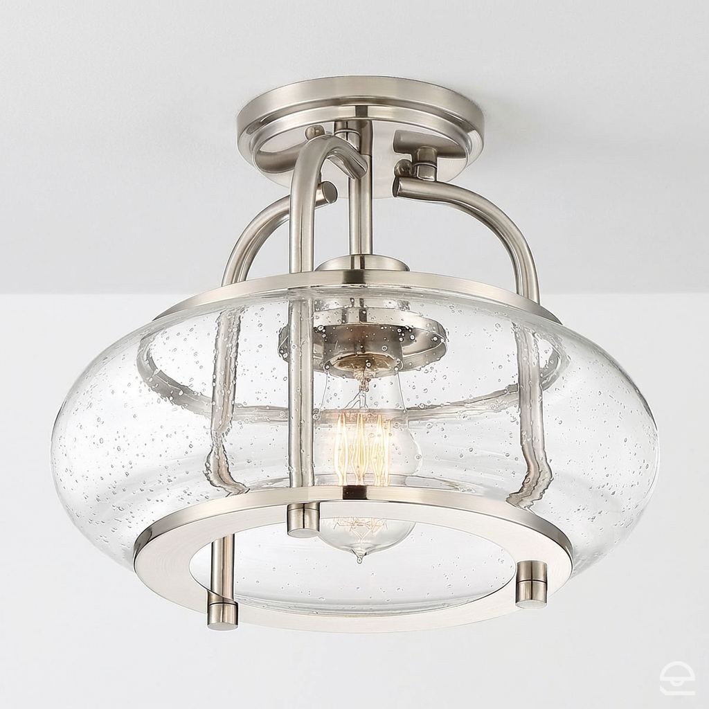 Trilogy – szklana lampa sufitowa ze szkłem bąbelkowym, szczotkowany nikiel – Ø30 (model solo)