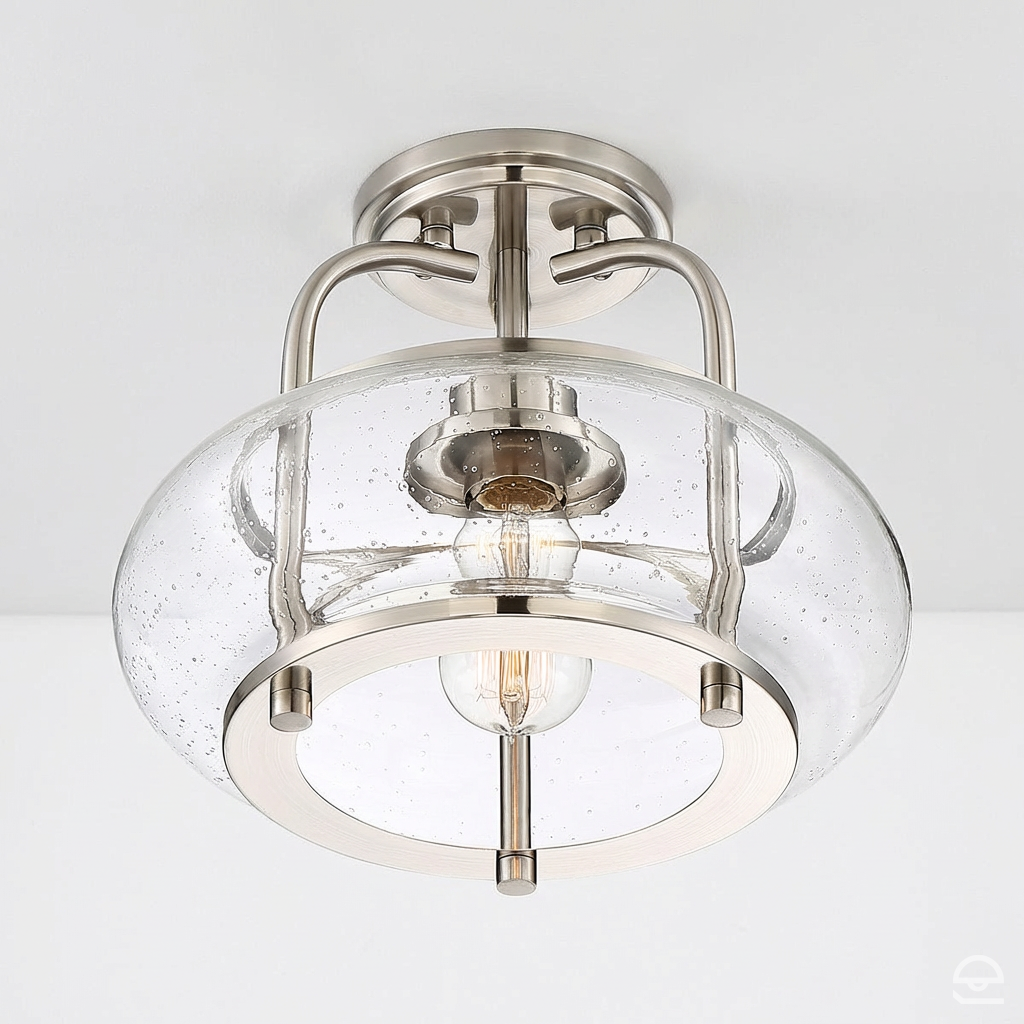 Trilogy – szklana lampa sufitowa ze szkłem bąbelkowym, szczotkowany nikiel – Ø30 (model solo)