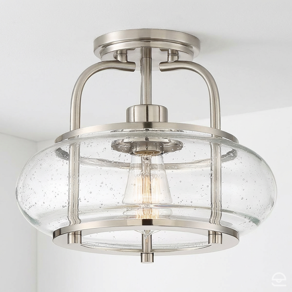 Trilogy – szklana lampa sufitowa ze szkłem bąbelkowym, szczotkowany nikiel – Ø30 (model solo)