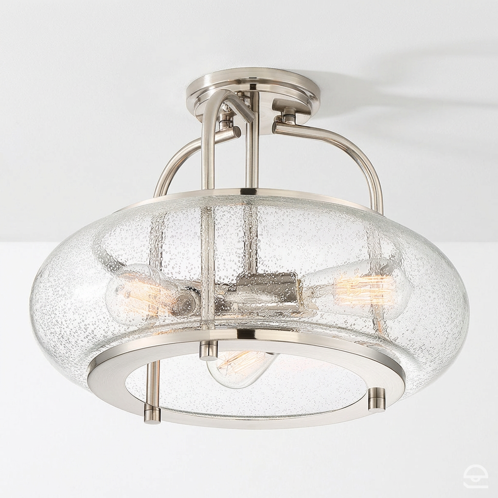 Trilogy – szklana lampa sufitowa ze szkłem bąbelkowym, szczotkowany nikiel – Ø40 (trio)