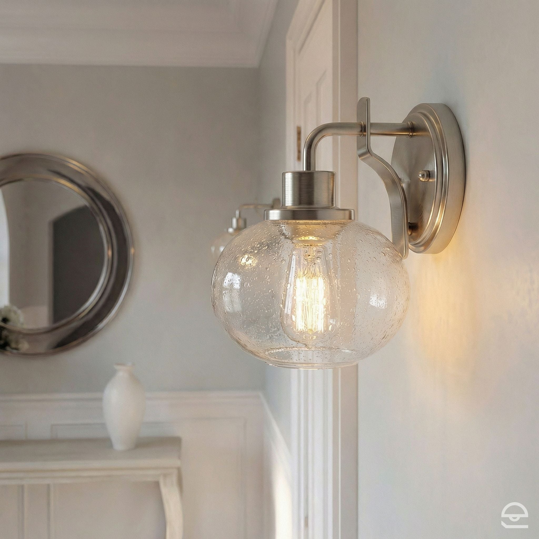 Trilogy – szklany kinkiet ze szkłem bąbelkowym, szczotkowany nikiel