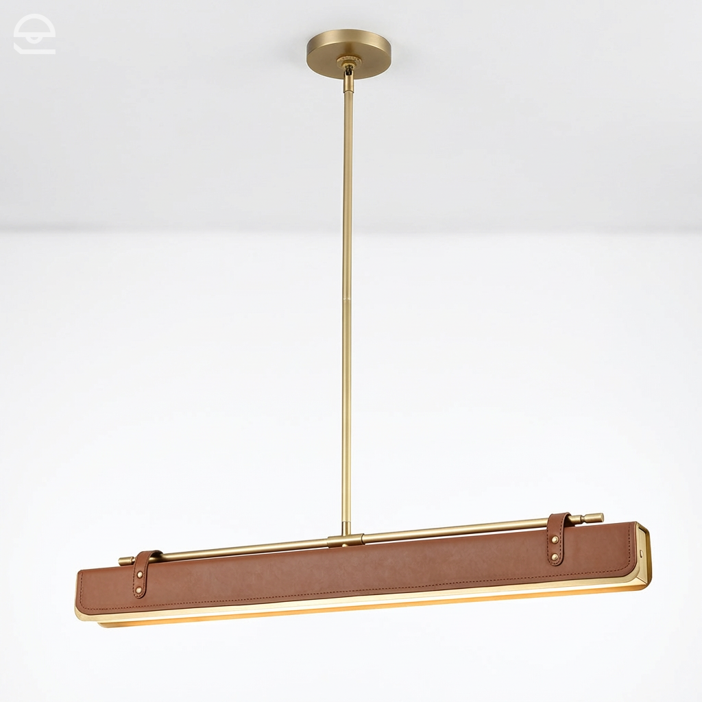 Valise – skórzana lampa wisząca liniowa, vintage mosiądz i skóra koniakowa