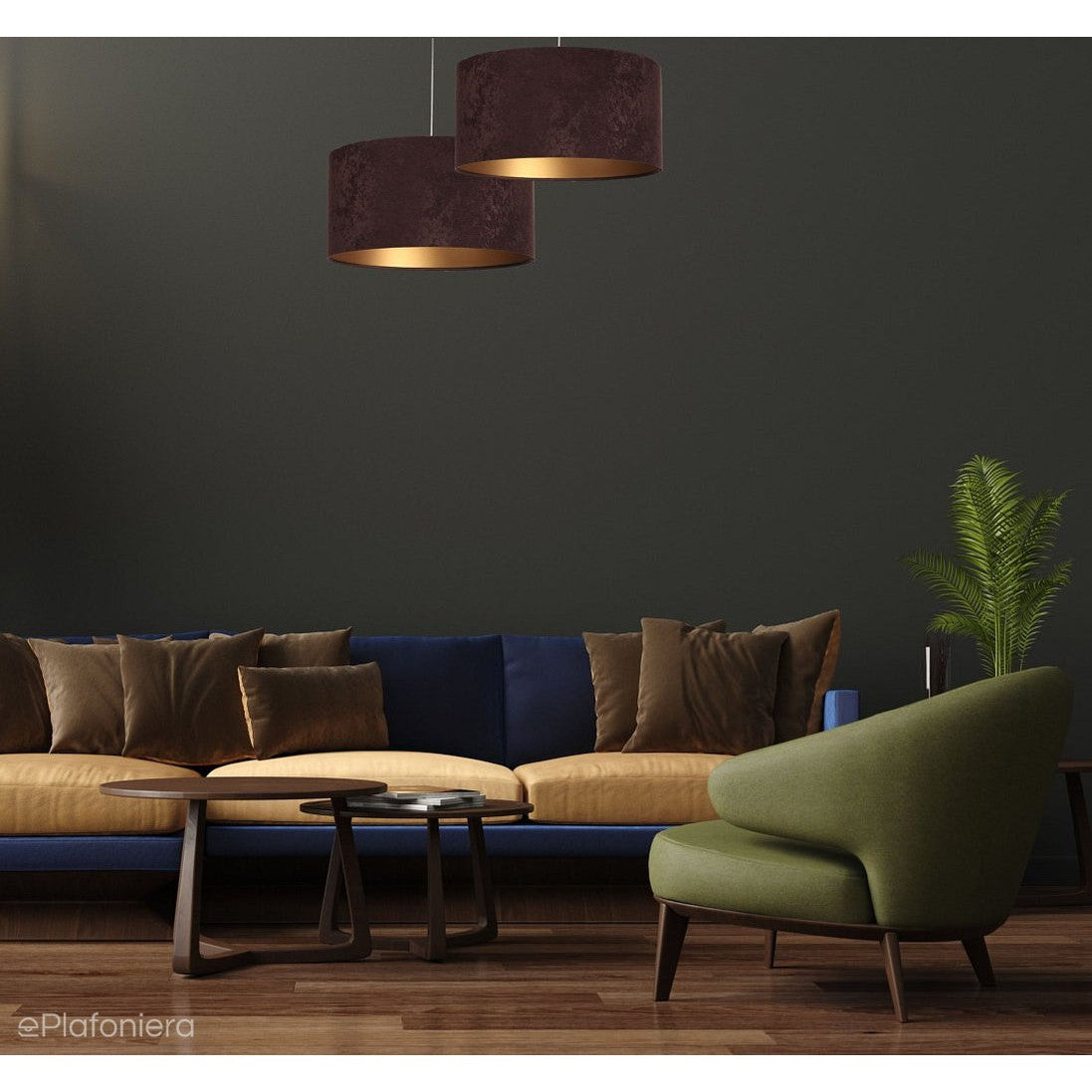 Welurowy abażur Dalia - brązowa lampa wisząca do salonu, sypialni (kolekcja - Standard, 1xE27) ręcznie robiona - ePlafoniera