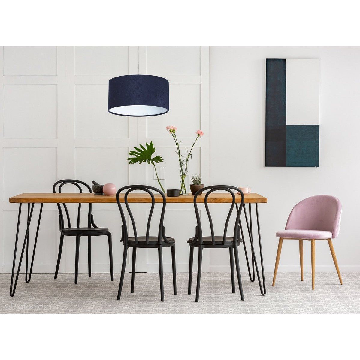 Welurowy abażur Lobelia - granatowa lampa wisząca do salonu, sypialni (kolekcja - Standard, 1xE27) ręcznie robiona - ePlafoniera