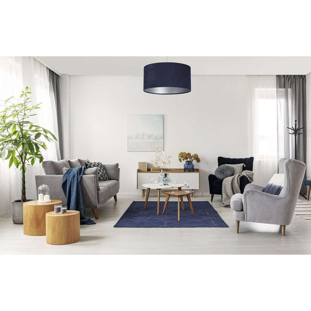 Welurowy abażur Lobelia - granatowa lampa wisząca do salonu, sypialni (kolekcja - Standard, 1xE27) ręcznie robiona - ePlafoniera