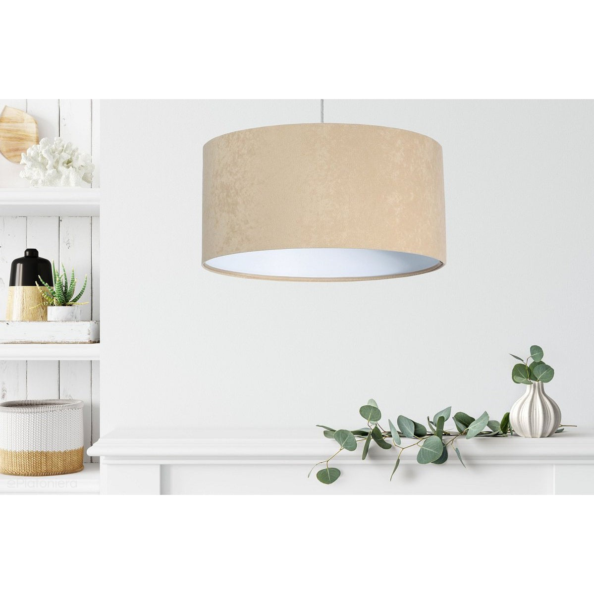 Welurowy abażur Nigella - beżowa lampa wisząca do salonu, sypialni (kolekcja - Standard, 1xE27) ręcznie robiona - ePlafoniera