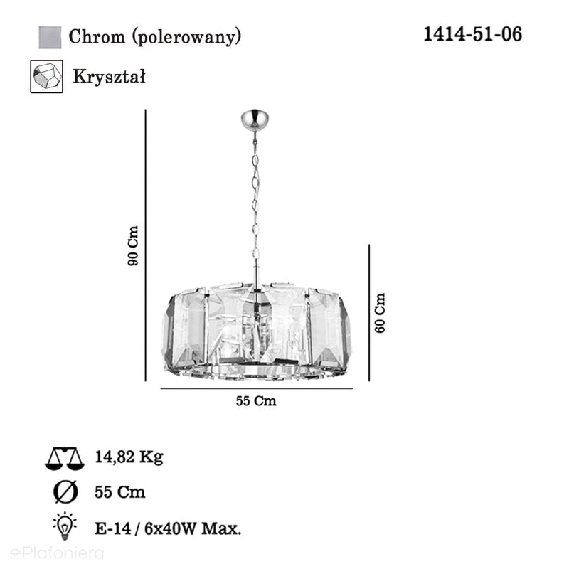 Wisząca lampa kryształowa, żyrandol do salonu - Talisca, Lucea (55cm, chrom) 1414-51-06