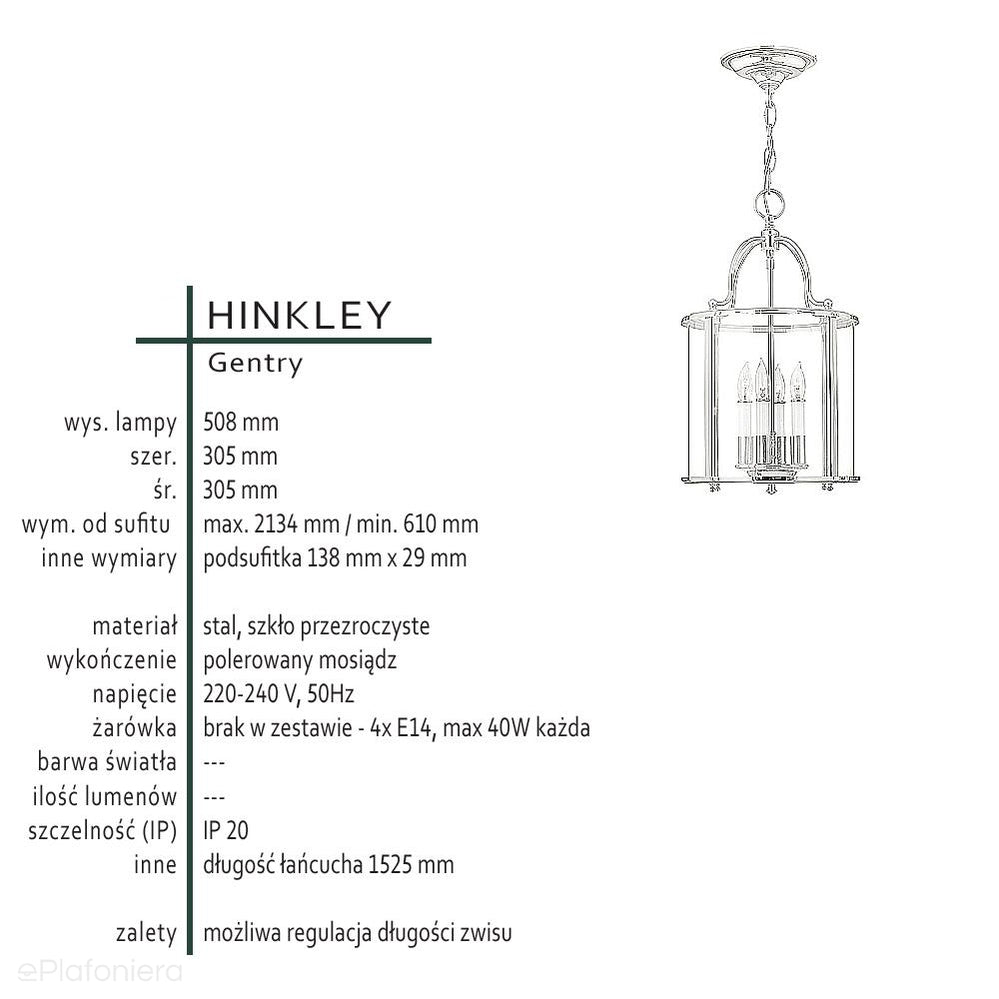 Wisząca latarnia 30cm (mosiądz) lampa do salonu kuchni sypialni łazienki (4xE14) Hinkley (Gentry)
