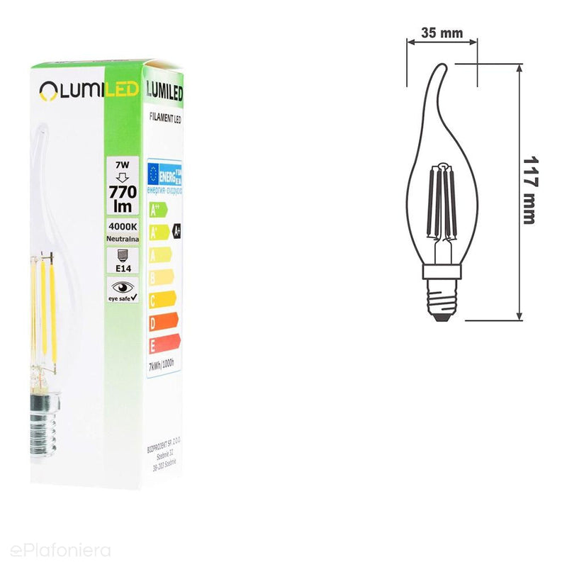 Żarówka LED E14 Filament (płomyk 7W=60W) (770lm, 4000K/3000K) Lumiled/LEDZARMI205