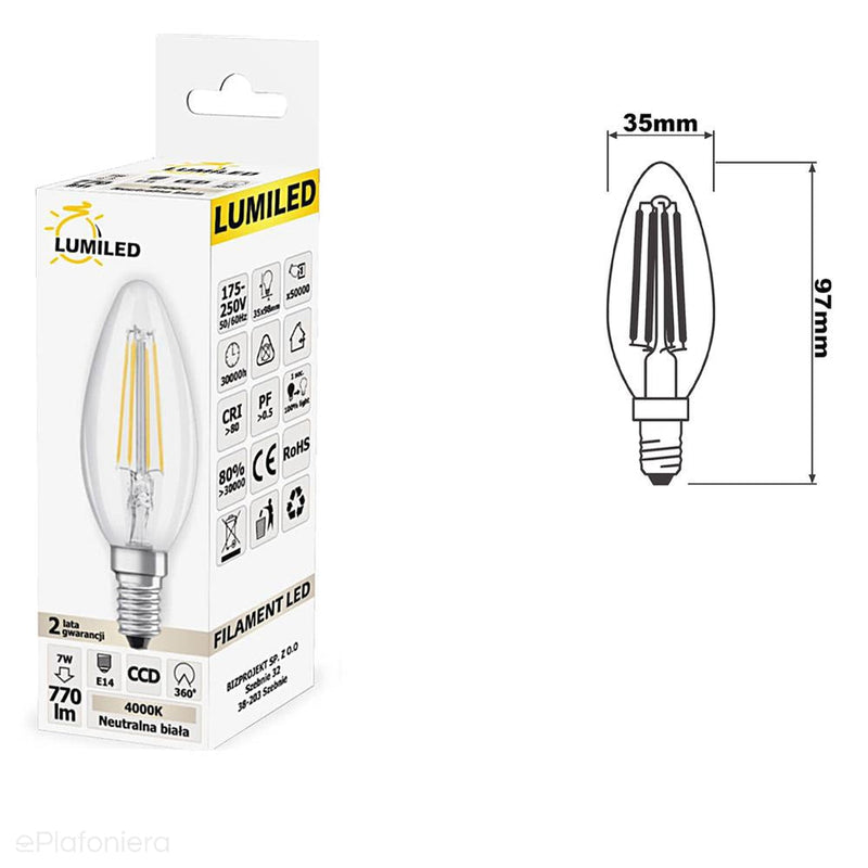 Żarówka LED E14 Filament (świeczka 7W=65W) (770lm, 4000K/3000K) Lumiled/LEDZARMI215