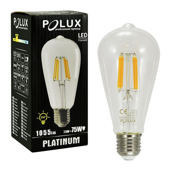 Żarówka LED E27 Edison ST64 (7,5W = 75W) -  GOLDLUX (Polux) / 1055lm / 3000K Ciepła / 360° Filament