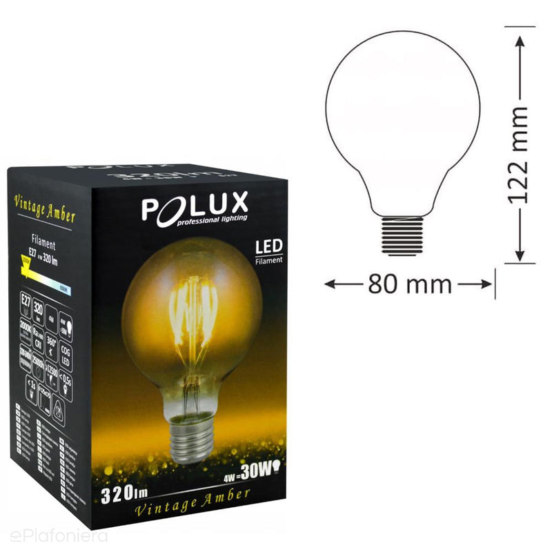 Żarówka LED E27 Filament (G80, 4W = 18W) (320lm, 2000K) Polux/SANLD0230