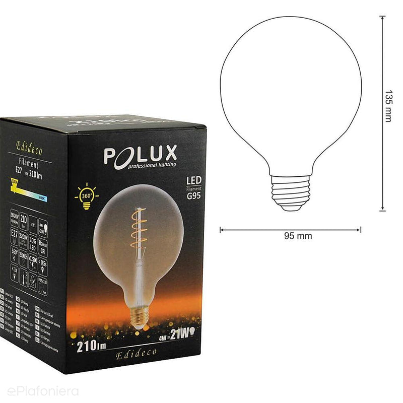 Żarówka LED E27 Filament spirala (G95, 4W = 21W) (210lm, 2200K) Polux/SANLD0232B