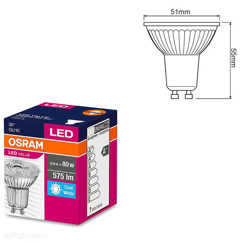 Żarówka LED GU10 Przeźroczysta, 36° (6,9W = 80W) (575lm, 4000K/3000K) Osram/OSRLED2302