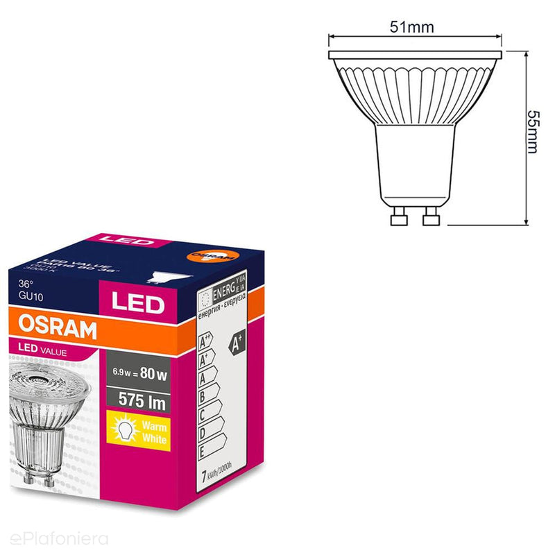 Żarówka LED GU10 Przeźroczysta, 36° (6,9W = 80W) (575lm, 4000K/3000K) Osram/OSRLED2302