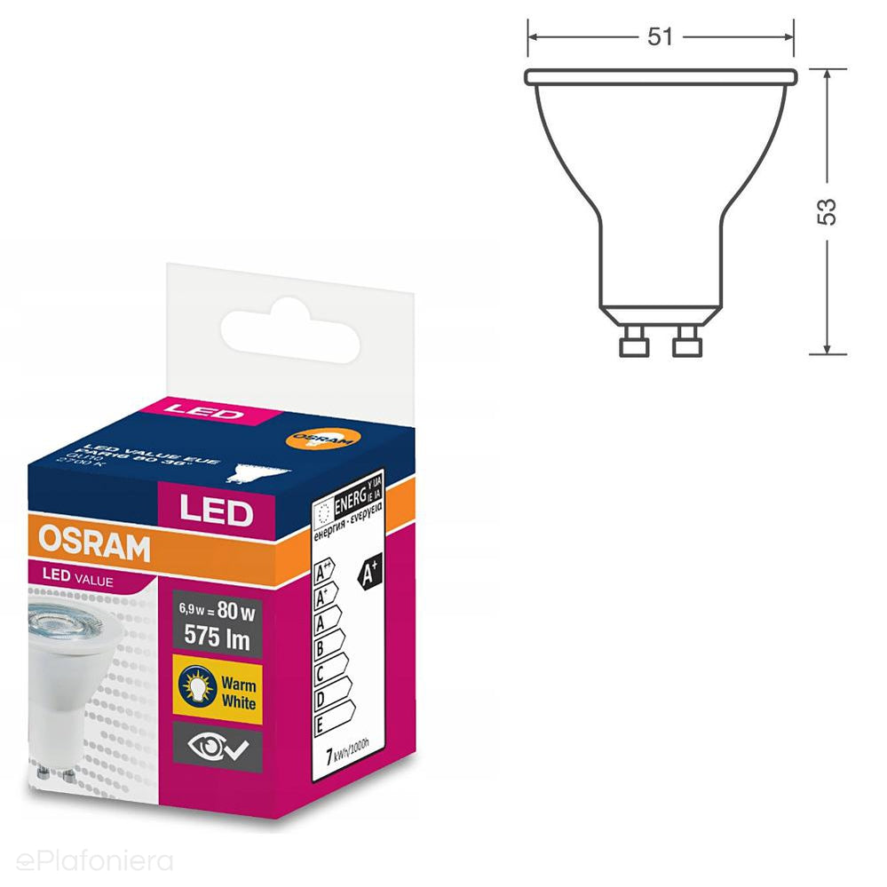 Żarówka LED GU10 Przeźroczysta, 36° (6,9W = 80W) (575lm, 4000K/6500K/2700K) Osram/OSRLED2430