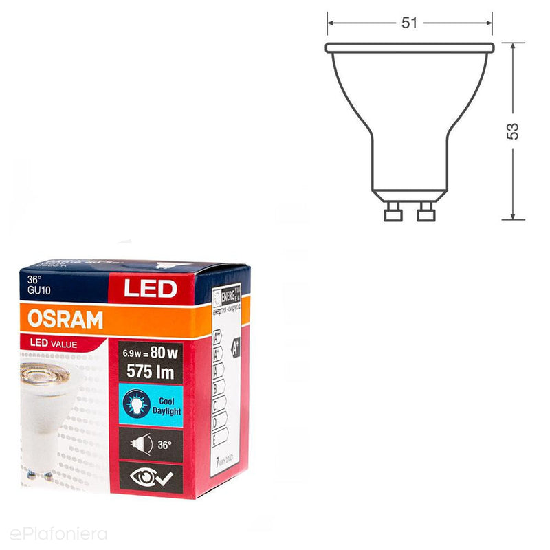 Żarówka LED GU10 Przeźroczysta, 36° (6,9W = 80W) (575lm, 4000K/6500K/2700K) Osram/OSRLED2430