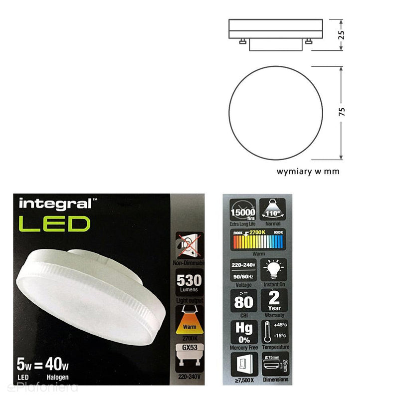 Żarówka LED, GX53 (5W, 100°) (530lm, 2700K) SU-MA (Integral)