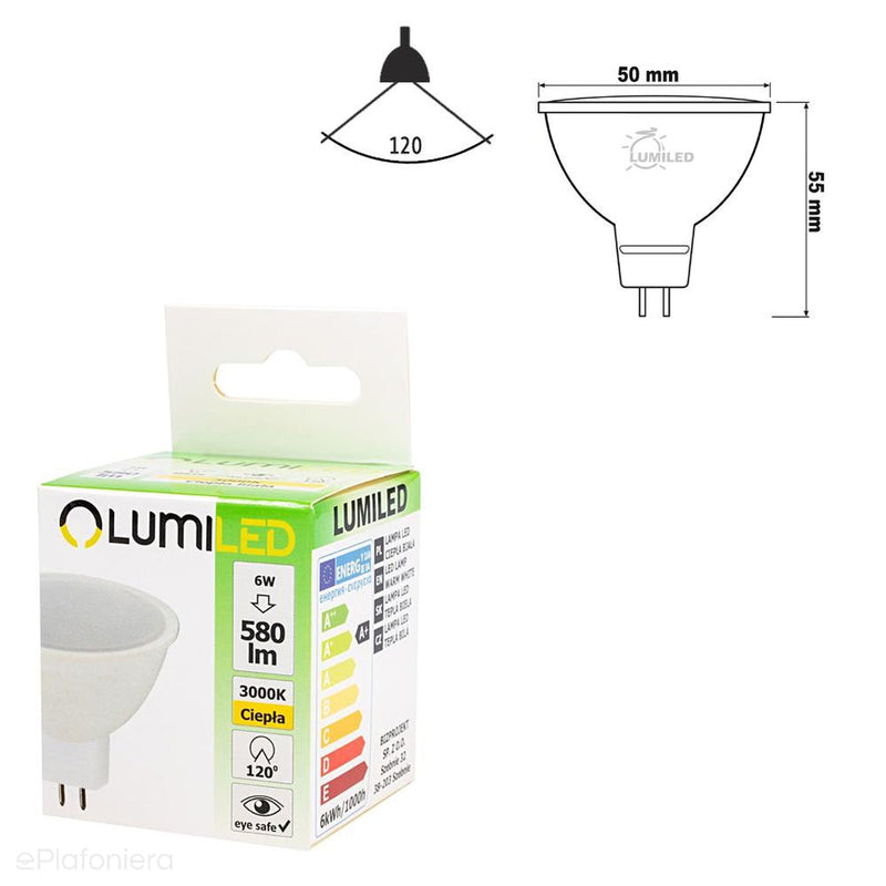 Żarówka LED MR16 (GU5,3) mleczna, 120° (6W=60W) (580lm, 3000K/4000K) Lumiled/LEDZARMI017