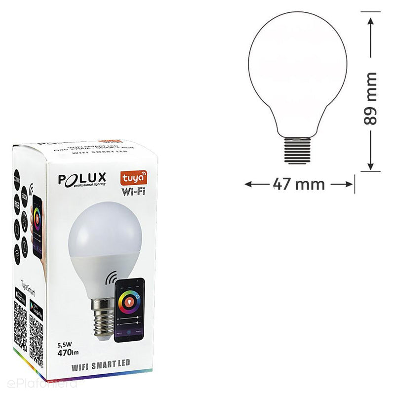 Żarówka Smart WiFi, LED E14 mleczna (kulka 5,5W - 470lm) (2700K - 6500K + RGB) Polux/SANTUY0205