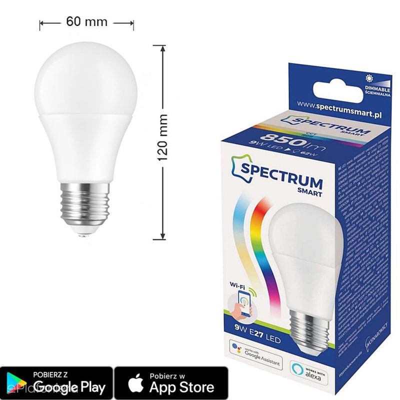 Żarówka Smart WiFi ściemnialna, LED E27 (A60, 9W=62W) (850lm, 3000K-6500K, RGB+CCT) WOJSMA0005