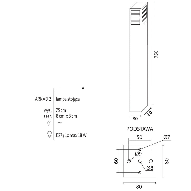 Zewnętrzna lampa ogrodowa stojąca - słupek 25/50/75cm (8x8cm, 1xE27) Radex (Arkad 2)