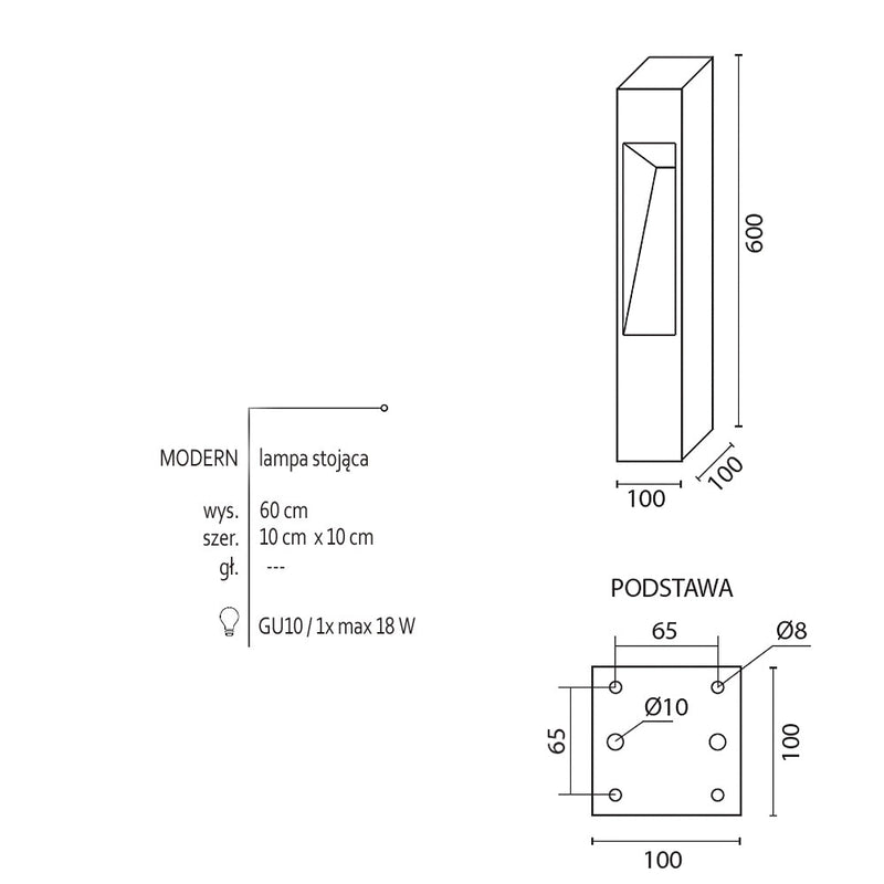 Zewnętrzna nowoczesna lampa ogrodowa stojąca - słupek 60/80cm (10x10cm, 1xGU10) Radex (Modern)