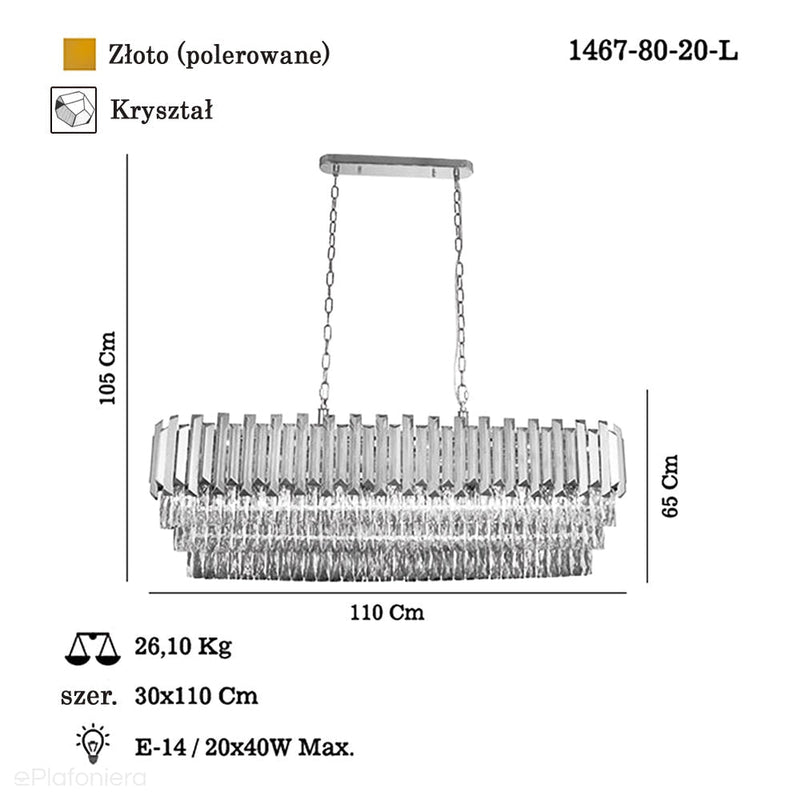 Złota kryształowa lampa, żyrandol do salonu (110x30cm) Lucea 1467-80-20-L NARBONNE