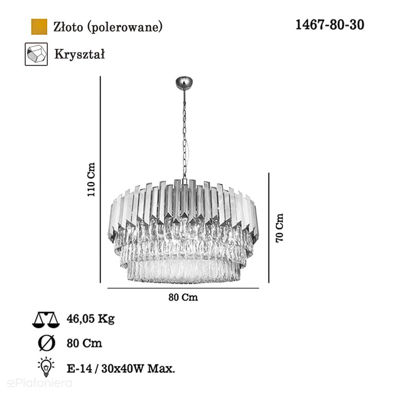 Złota kryształowa lampa, żyrandol do salonu (80cm) Lucea 1467-80-30 NARBONNE