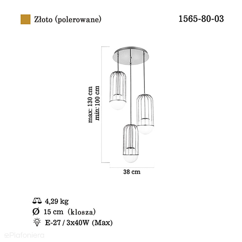 Złota lampa glamour wisząca potrójna do sypialni salonu (na kole) Lucea 1565-80-03 CAPOLA