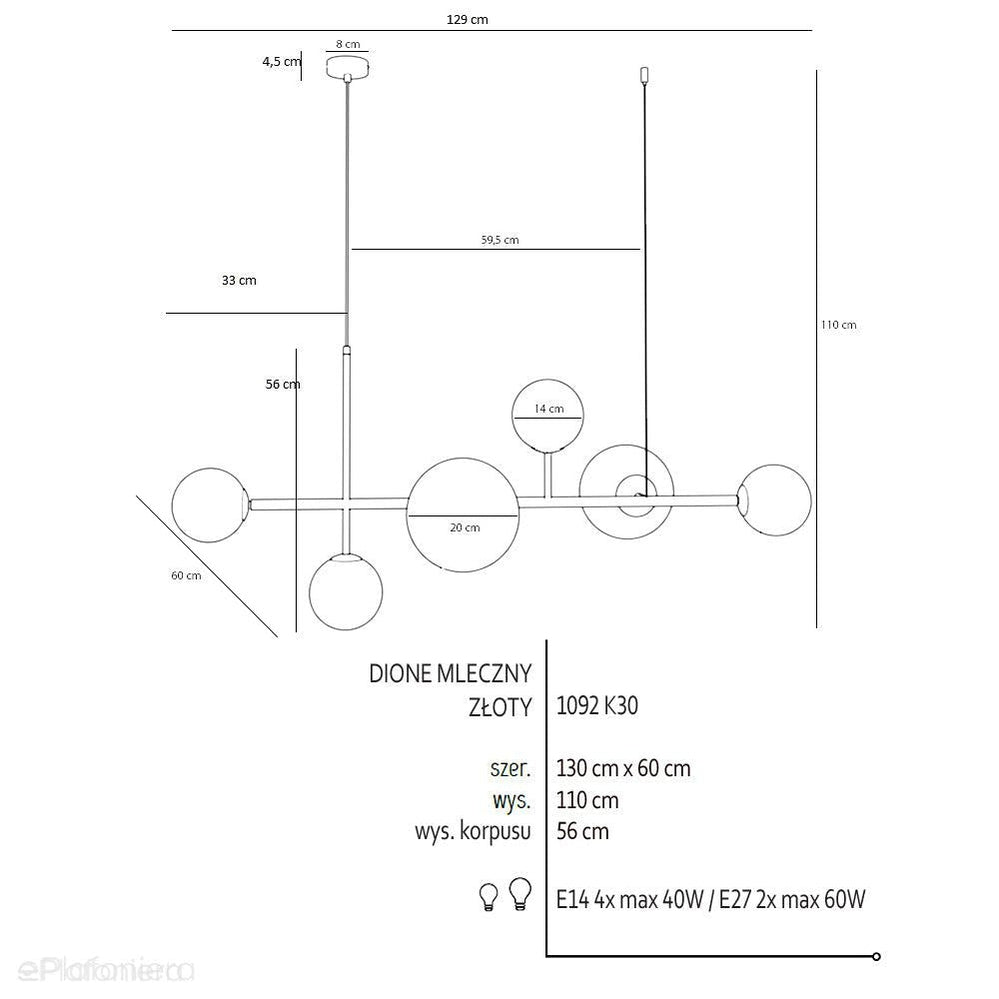 Złota lampa wisząca Dione 6 Gold - Aldex 1092K30, zawiesie złote (4xE14/2xE27)