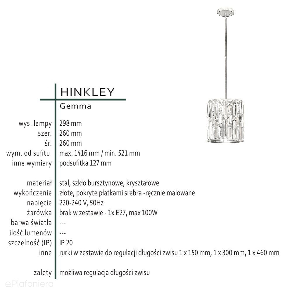 Złota lampa wisząca Gemma z płatkami srebra - Hinkley (złota, płatki srebra, bursztyn, kryształy) (1xE27)
