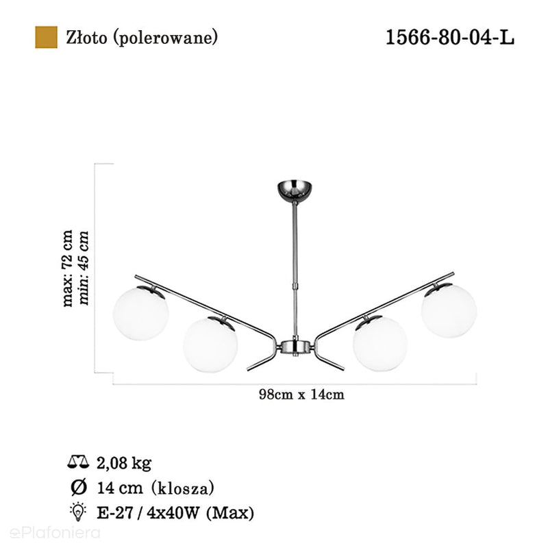 Złota lampa wisząca szklane klosze do salonu sypialni kuchni (4xE27) 1566-80-04-L PETOS