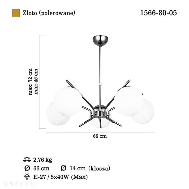 Złota lampa wisząca szklane klosze do salonu sypialni kuchni (5xE27) 1566-80-05 PETOS