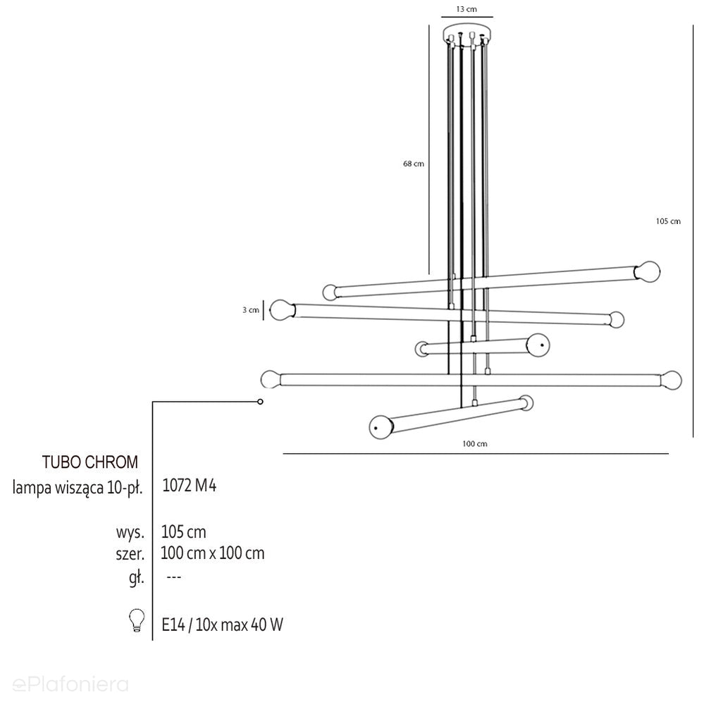 Żyrandol do salonu, biura - chromowa lampa wisząca rurki (10xE14) Aldex (tubo) 1072M4