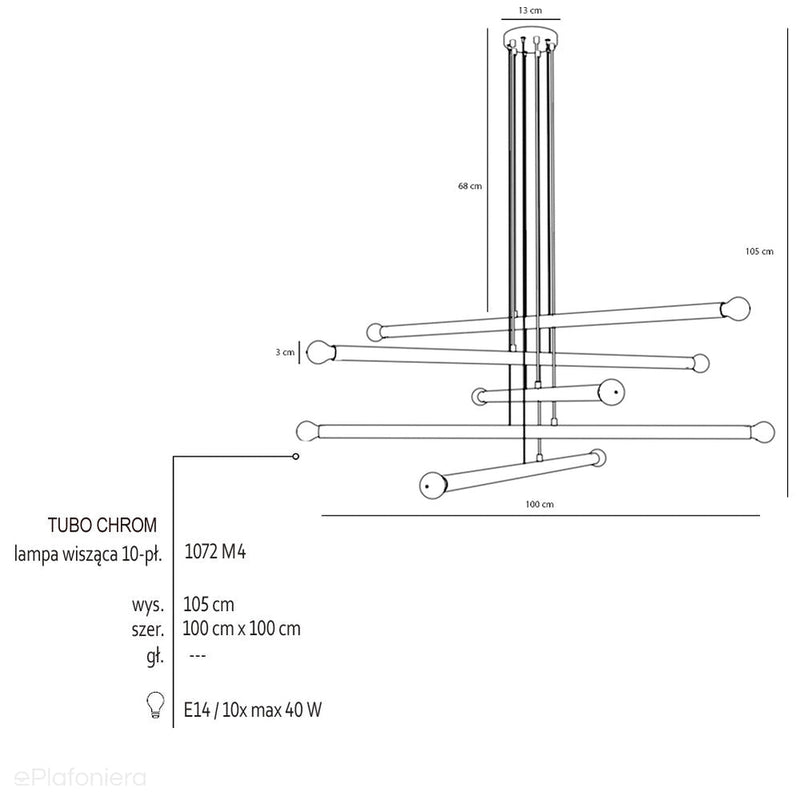 Żyrandol do salonu, biura - chromowa lampa wisząca rurki (10xE14) Aldex (tubo) 1072M4