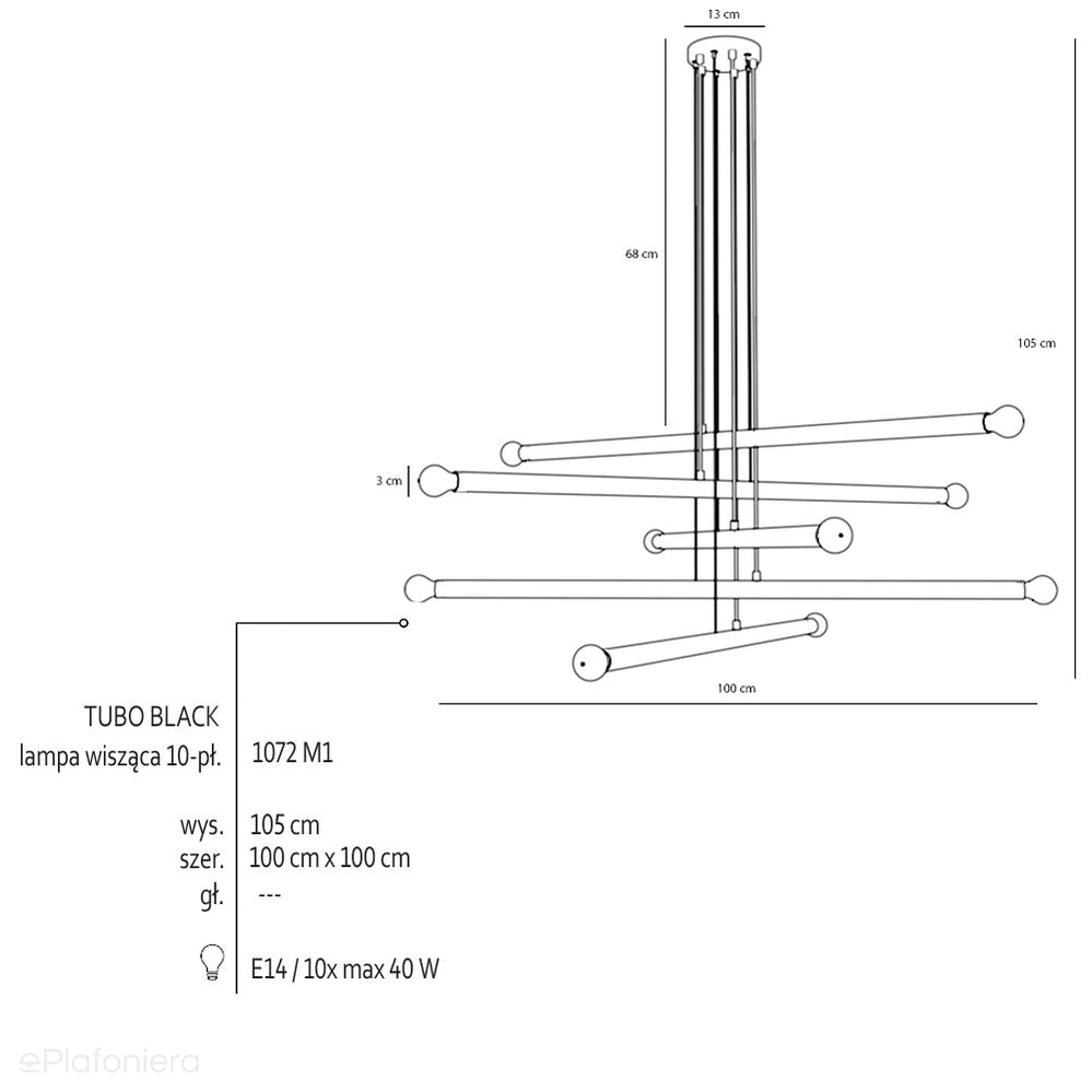 Żyrandol do salonu, biura - czarna lampa wisząca rurki (10xE14) Aldex (tubo) 1072M1