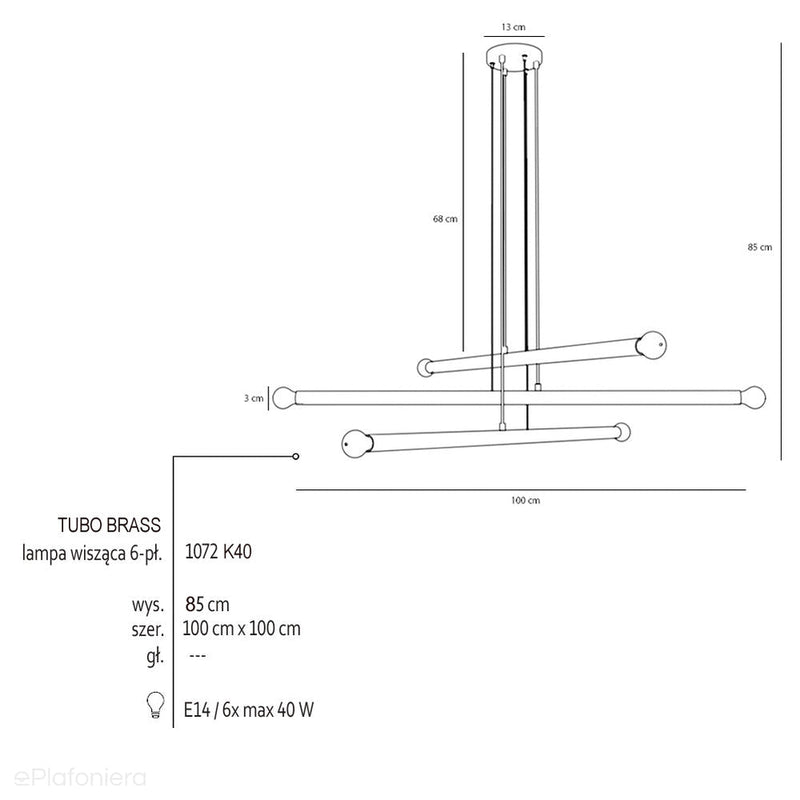 Żyrandol do salonu, biura - mosiężna lampa wisząca rurki (6xE14) Aldex (tubo) 1072K40