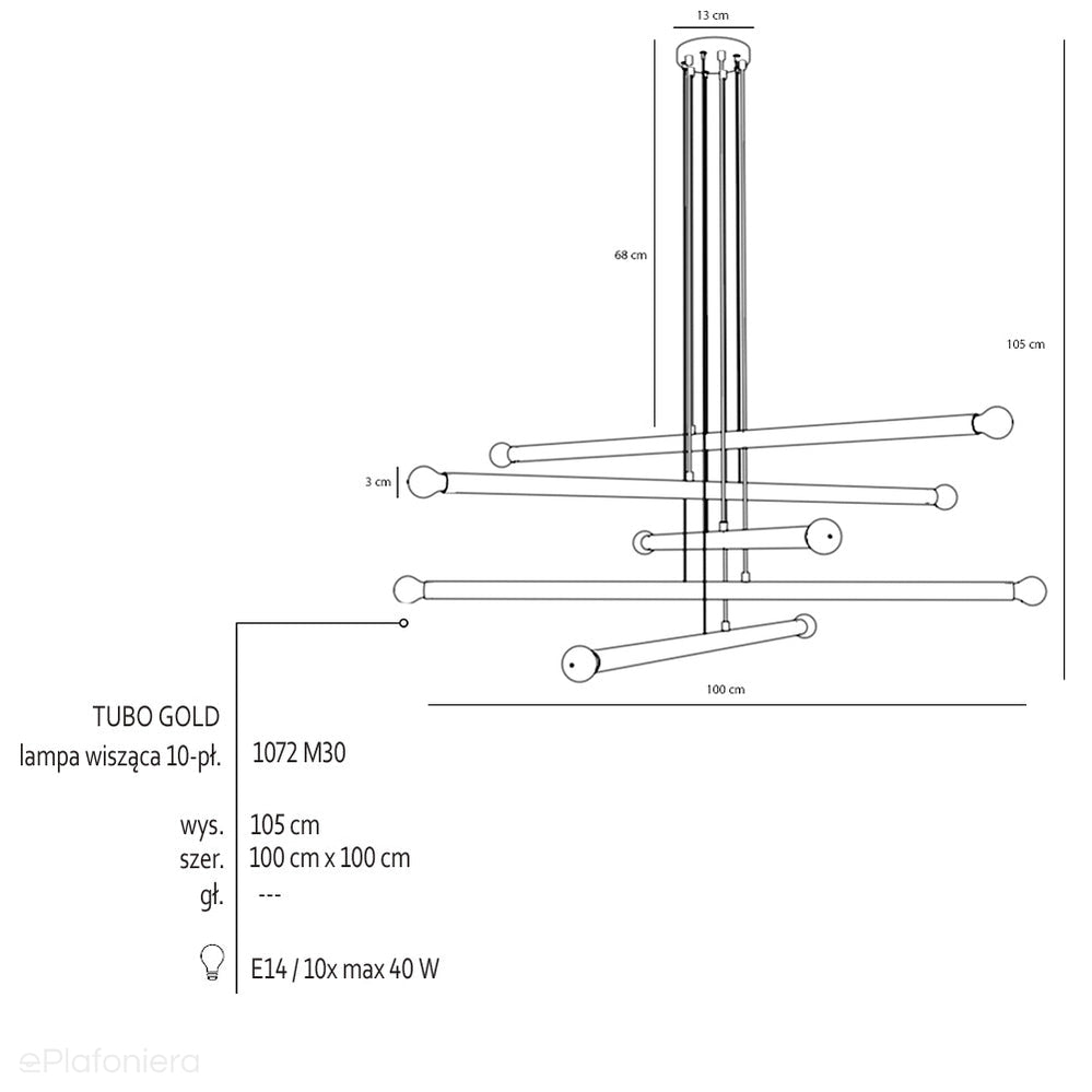 Żyrandol do salonu, biura - złota lampa wisząca rurki (10xE14) Aldex (tubo) 1072M30