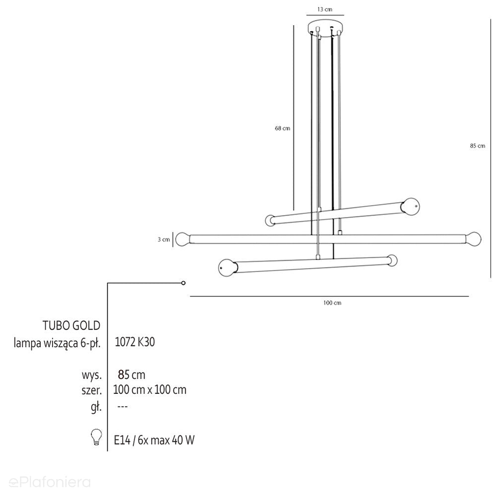 Żyrandol do salonu, biura - złota lampa wisząca rurki (6xE14) Aldex (tubo) 1072K30