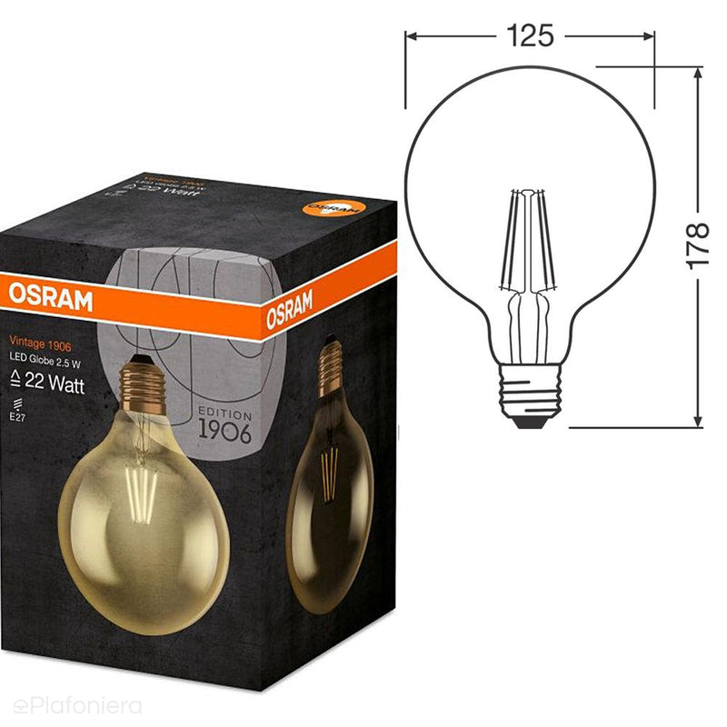 Żarówka LED E27 Filament (Globe G125, 7W/4W/2,5W) (725lm/420lm/225lm, 2500K) Osram/OSRVIN0008