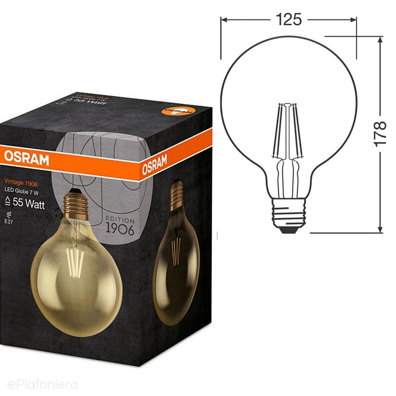 Żarówka LED E27 Filament (Globe G125, 7W/4W/2,5W) (725lm/420lm/225lm, 2500K) Osram/OSRVIN0008