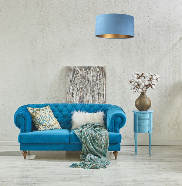 Welurowy abażur Angarika - błękitna lampa wisząca do salonu, sypialni (kolekcja - Standard, 1xE27) ręcznie robiona - ePlafoniera