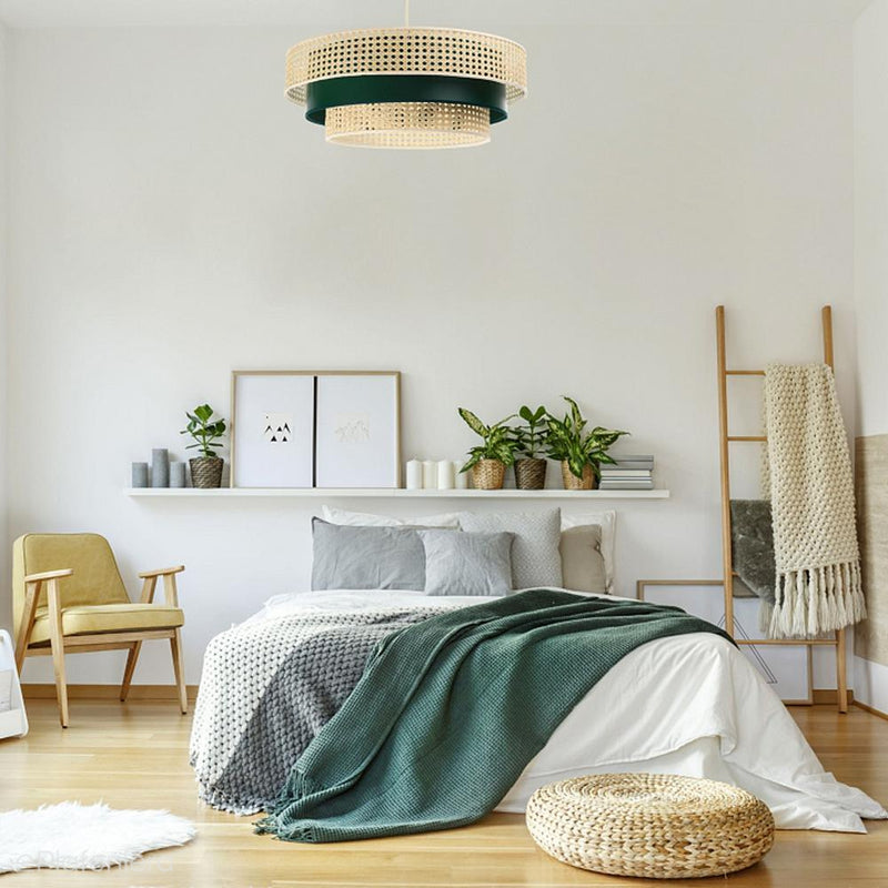 Lampa rattan-satyna wisząca w stylu boho 60cm - do salonu sypialni (Rotang-011, 1xE27) ręcznie robiona