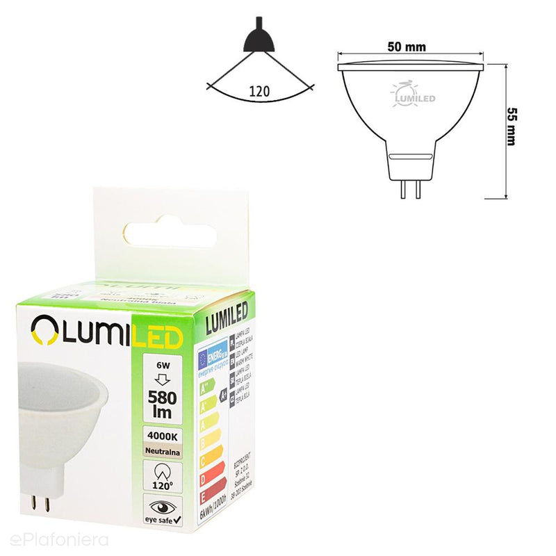 Żarówka LED MR16 (GU5,3) mleczna, 120° (6W=60W) (580lm, 3000K/4000K) Lumiled/LEDZARMI017