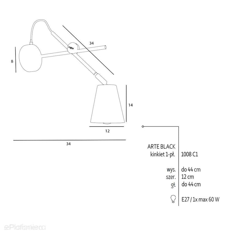 Czarna lampa ścienna - industrialna - loftowa, kinkiet 1xE27, Aldex (Arte) 1008C1